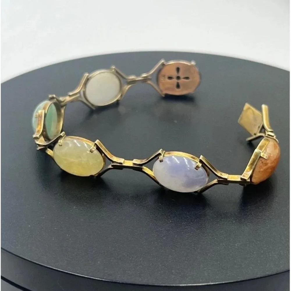 14K Gold Clasp Jade‎ Multi Color Jadeite Stone Cabochon Vintage 10-12k Bracelet